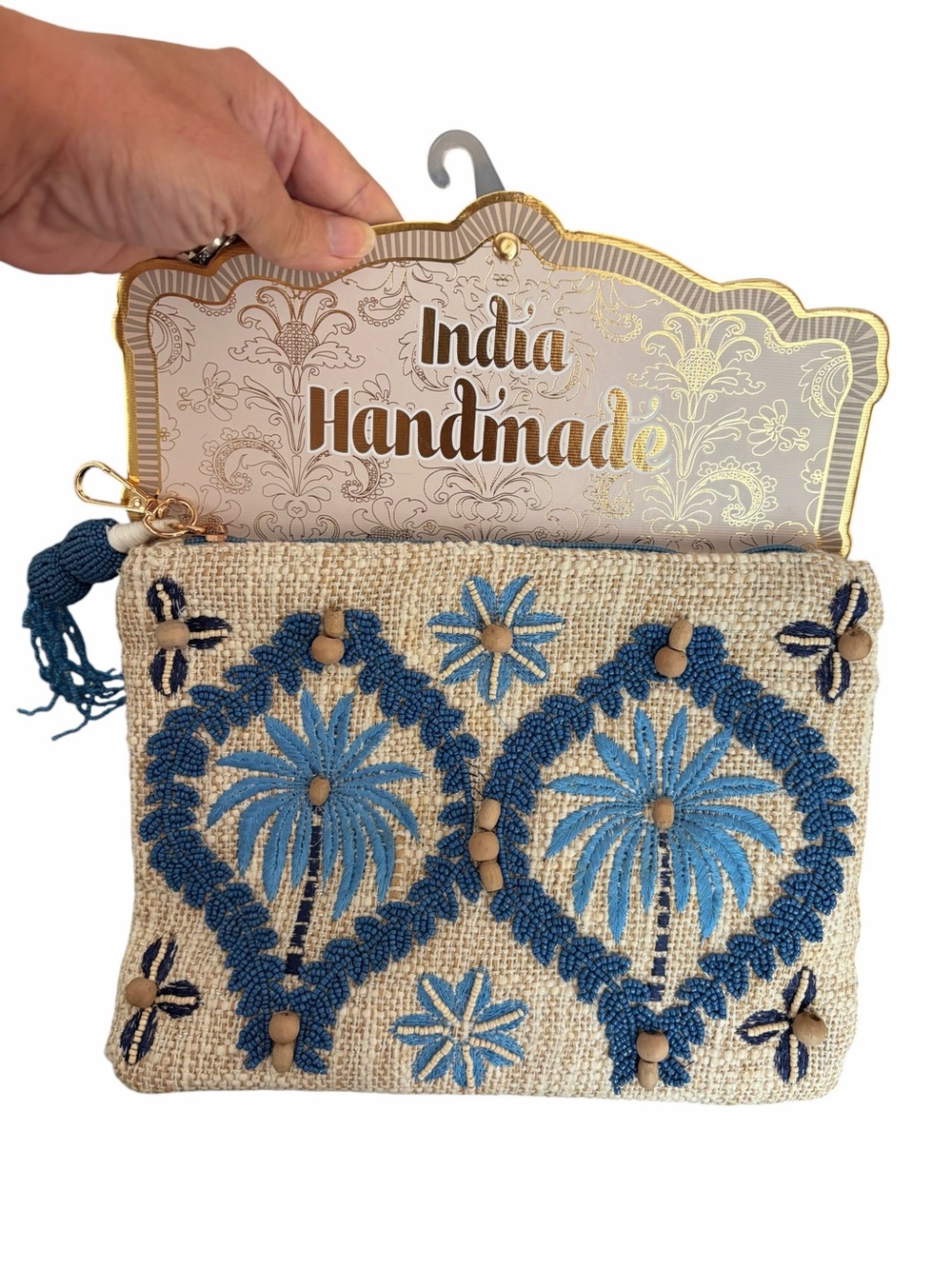 Handmade Blue Embroidered Palm Wristlet Cosmetic Bag